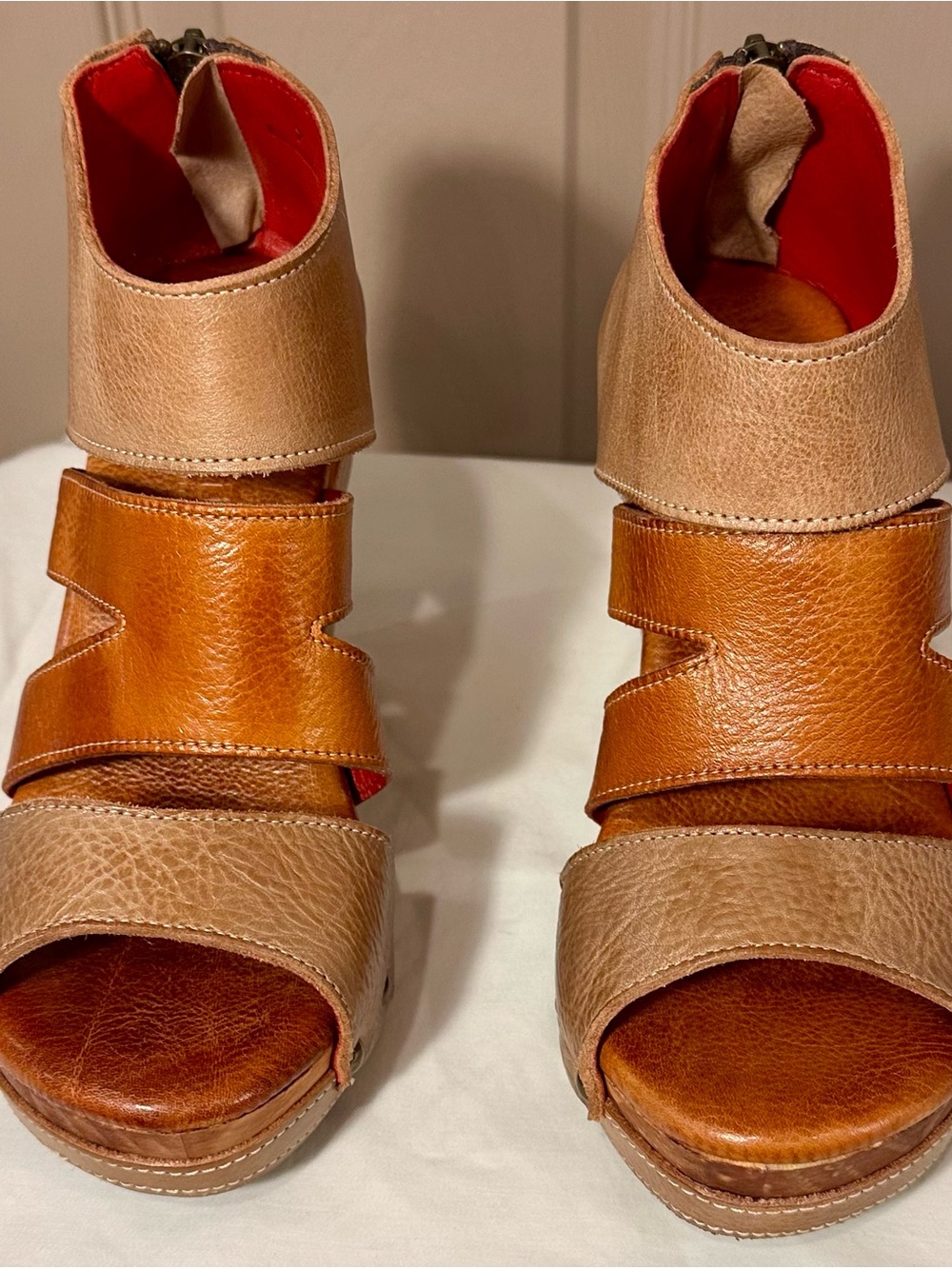 Bed Stu Two-Tone Tan and Brown Leather Wedge Sandals